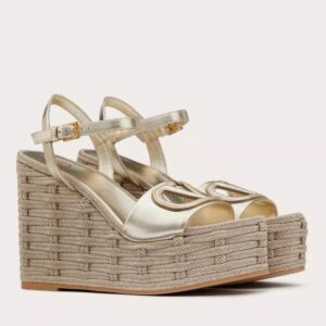 Replica Valentino VLogo Cut-out Espadrille Wedge Sandals in Gold Metallic Leather