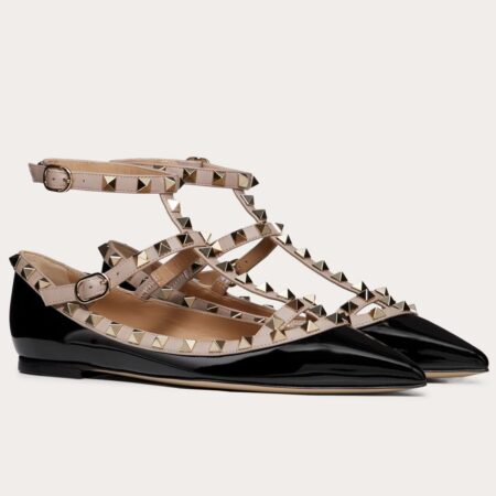 Replica Valentino Caged Rockstud Ballet Flats In Black Patent Leather