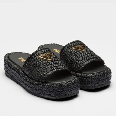 Replica Prada Crochet Flatform Slides in Black Raffia-effect Yarn