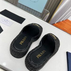 Replica Prada Crochet Flatform Slides in Black Raffia-effect Yarn 2