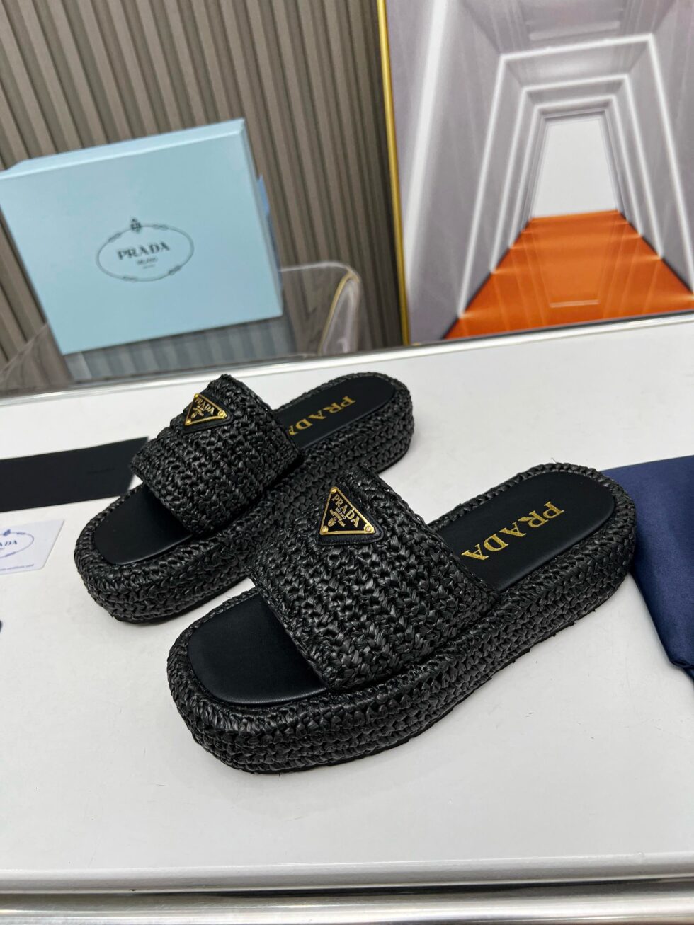 Replica Prada Crochet Flatform Slides in Black Raffia-effect Yarn 106