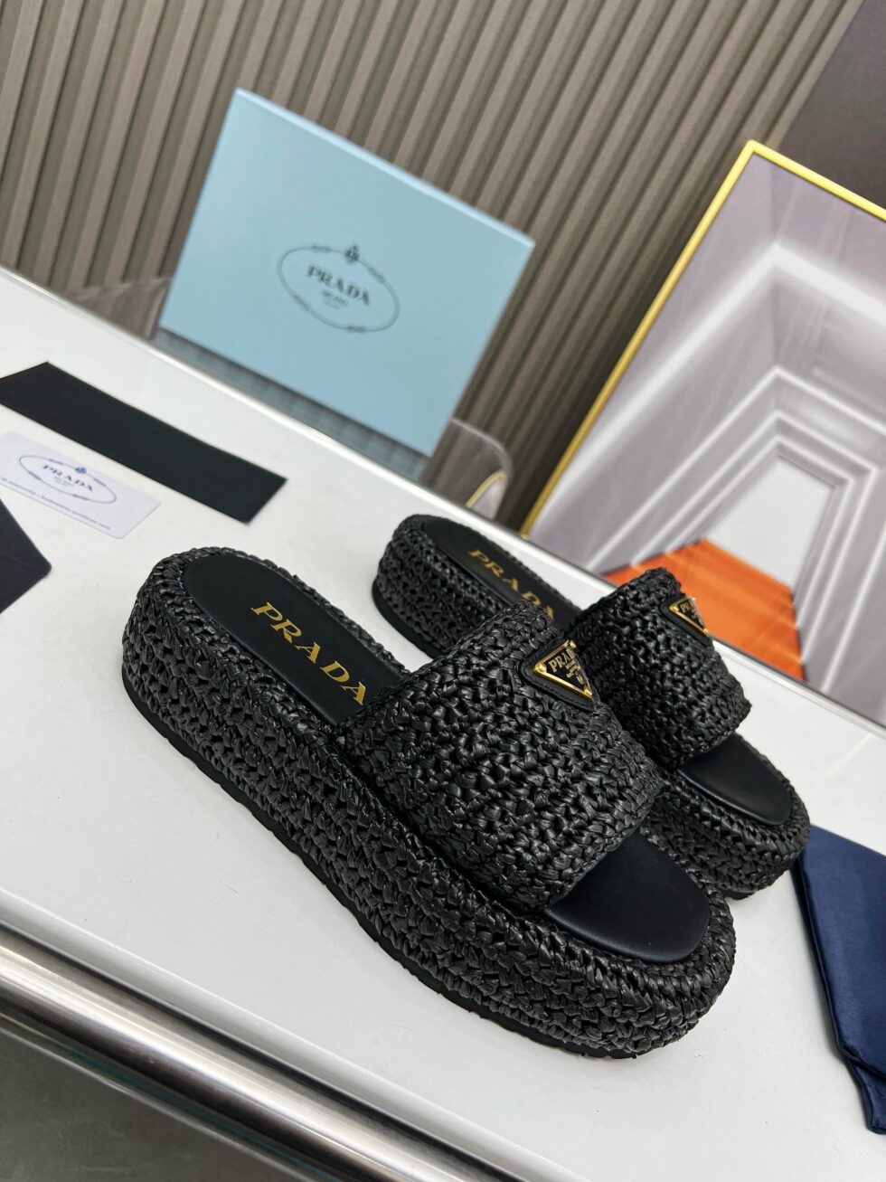 Replica Prada Crochet Flatform Slides in Black Raffia-effect Yarn 111