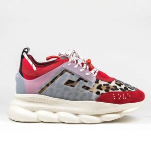 Replica Versace Women’s Red Chain Reaction Sneakers With Leopard Print