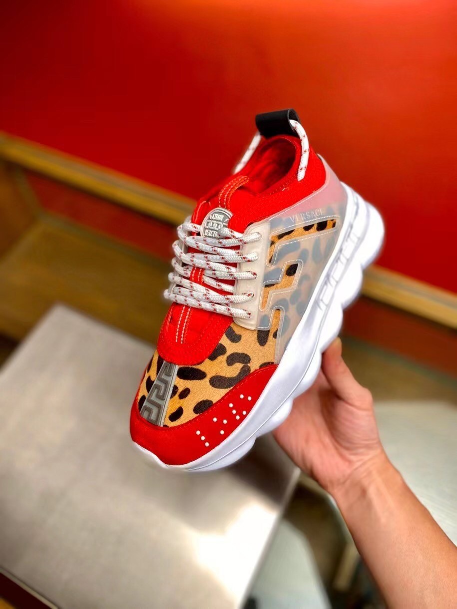 Replica Versace Women’s Red Chain Reaction Sneakers With Leopard Print 108