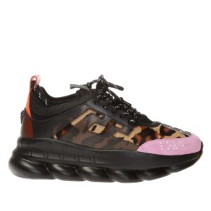 Replica Versace Women’s Black Chain Reaction Sneakers With Leopard Print