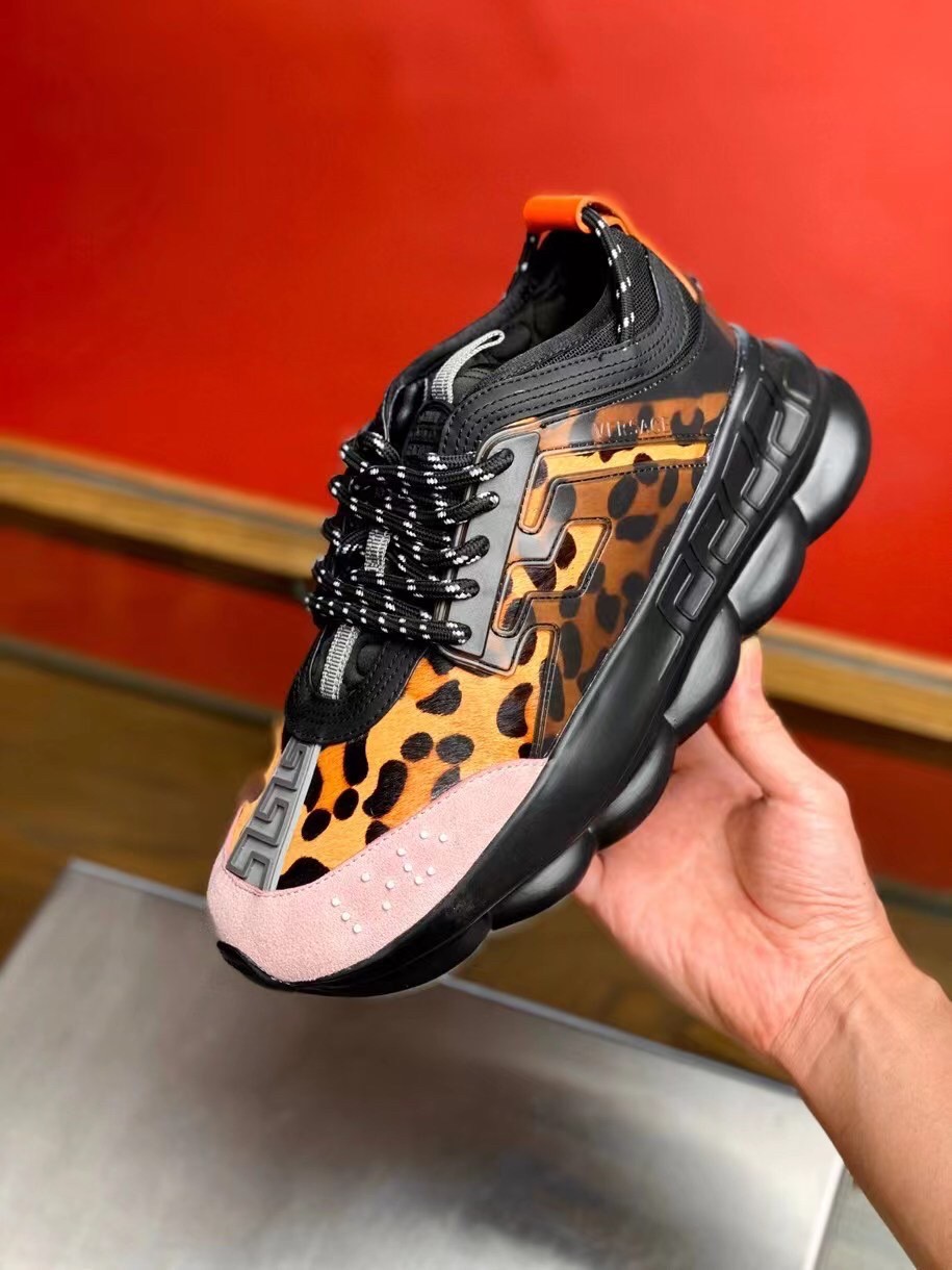 Replica Versace Women’s Black Chain Reaction Sneakers With Leopard Print 107