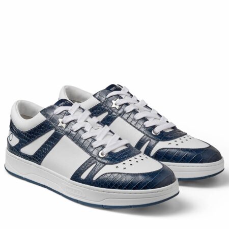 Replica Jimmy Choo Men’s Hawaii Sneakers In Blue Croc-embossed Leather