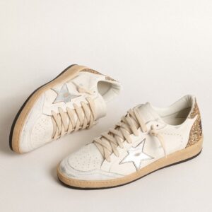 Replica Golden Goose Women’s Ball Star Sneakers with Silver Star and Gold Glitter Heel Tab