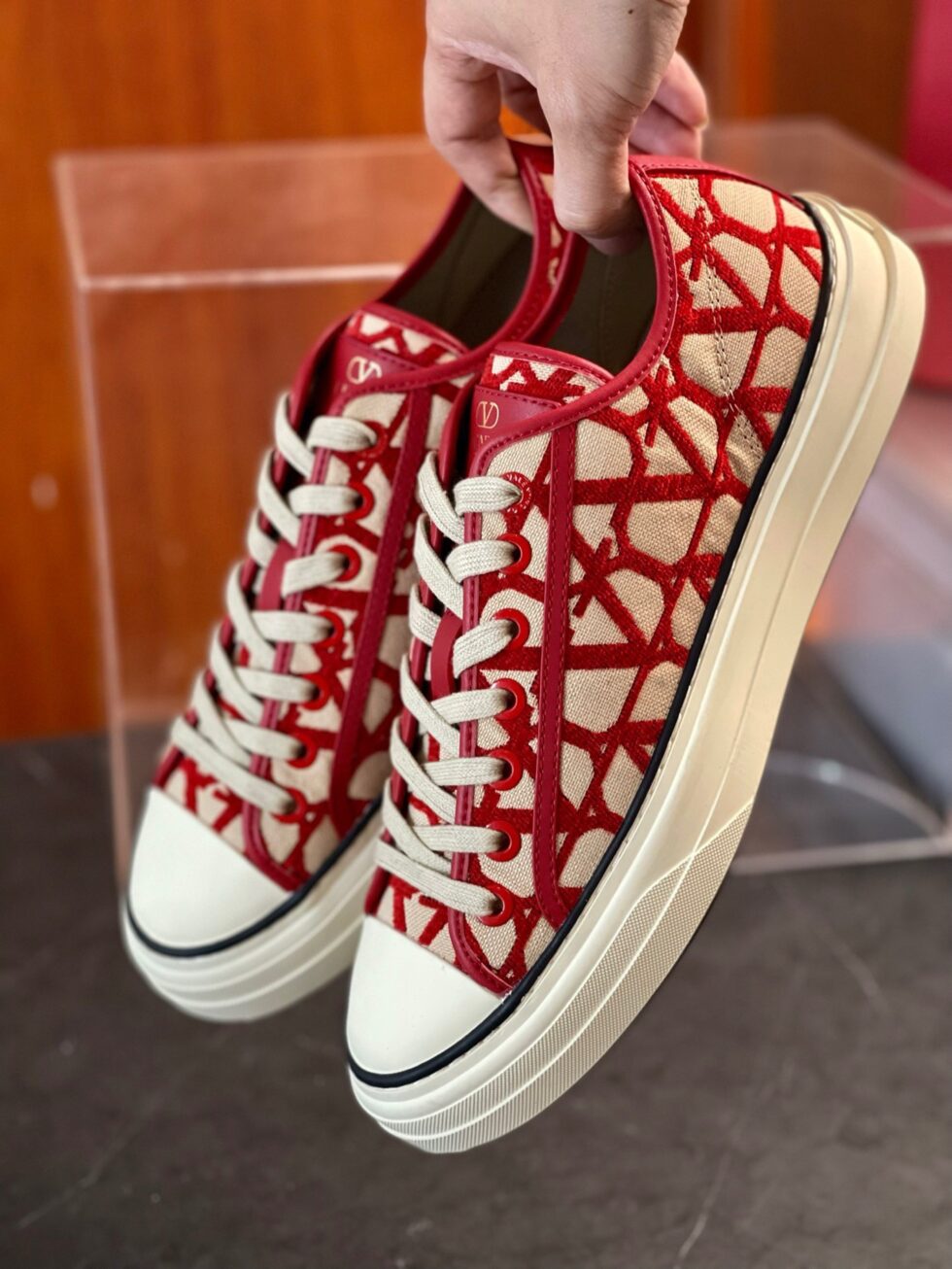 Replica Valentino Totaloop Sneakers in Red Toile Iconographe Fabric 105