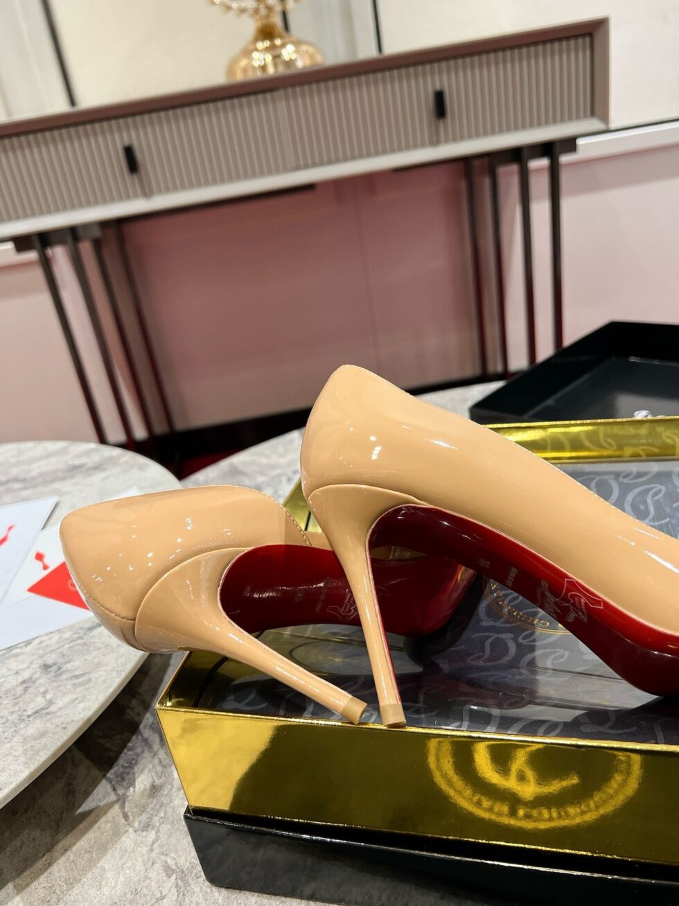 Replica Christian Louboutin Iriza Pumps 85mm in Nude Patent Leather 106