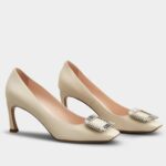 Replica Roger Vivier Trompette Crystal Buckle Pumps in Off White Leather