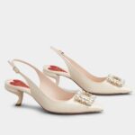 Replica Roger Vivier Virgule Strass Buckle Slingback Pumps in White Patent Leather