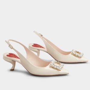 Replica Roger Vivier Virgule Strass Buckle Slingback Pumps in White Patent Leather