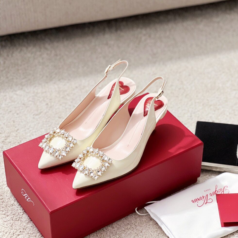 Replica Roger Vivier Virgule Strass Buckle Slingback Pumps in White Patent Leather 108