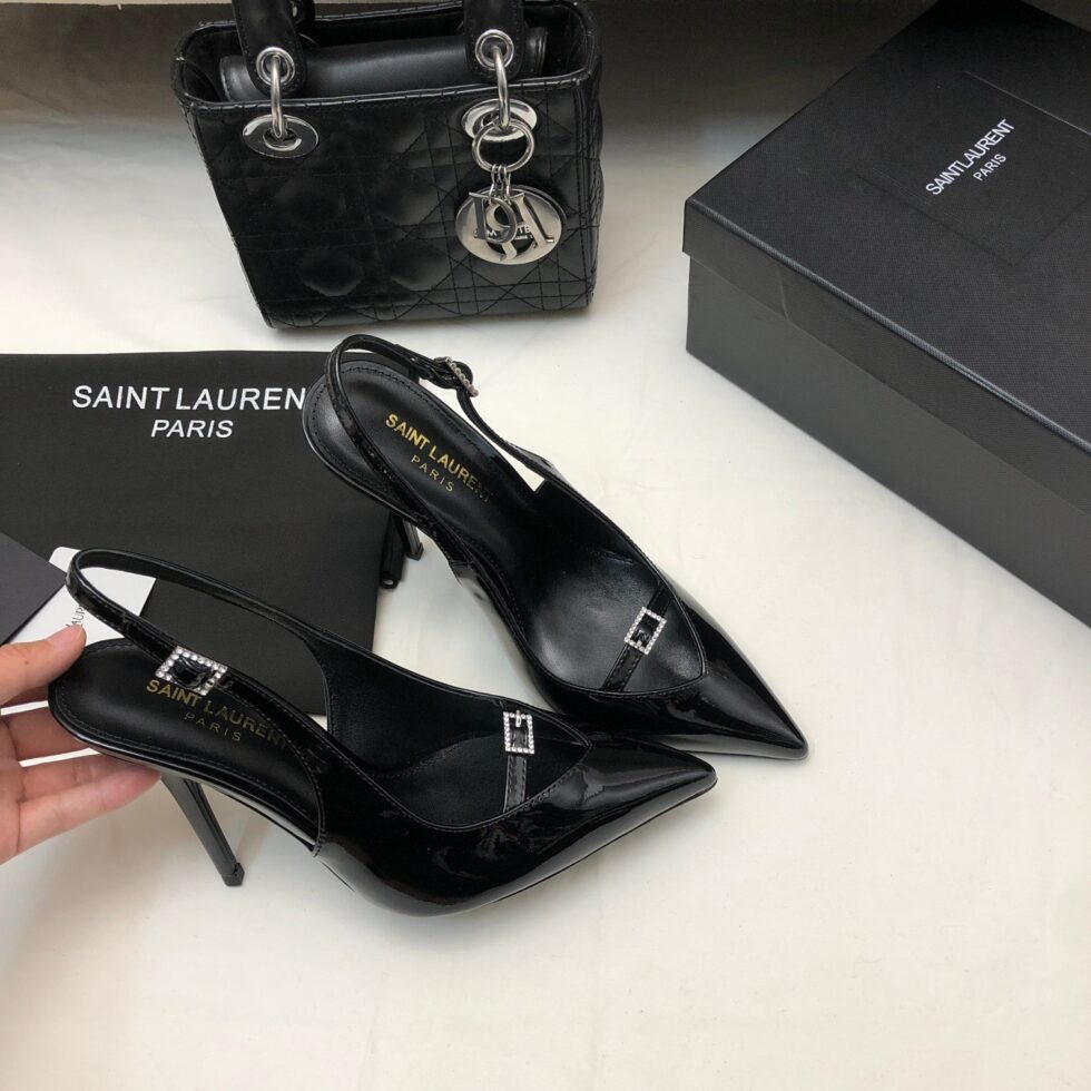 Replica Saint Laurent Luna Slingback Pumps 105mm In Black Patent Leather 111