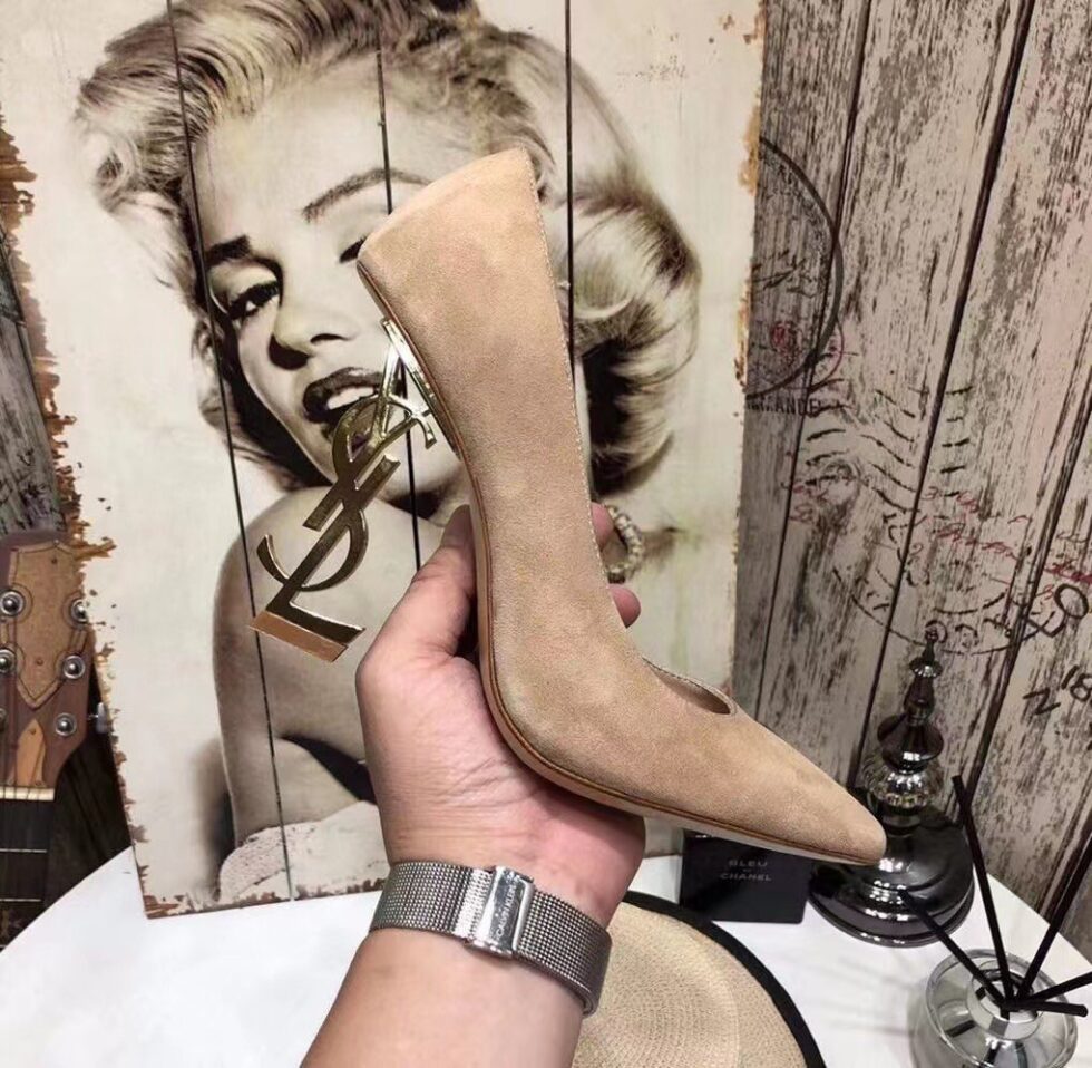 Replica Saint Laurent Opyum 110 Pumps In Suede with Gold Heel 107