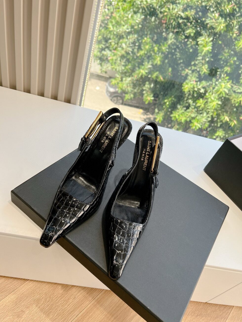 Replica Saint Laurent Lee Slingback Pumps in Crocodile-embossed Leather 110