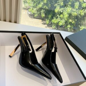 Replica Saint Laurent Lee Slingback Pumps in Black Glazed Leather 2