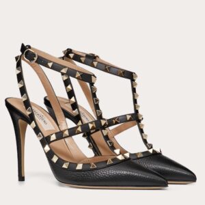 Replica Valentino Rockstud Ankle Strap Pumps 100mm In Black Calfskin