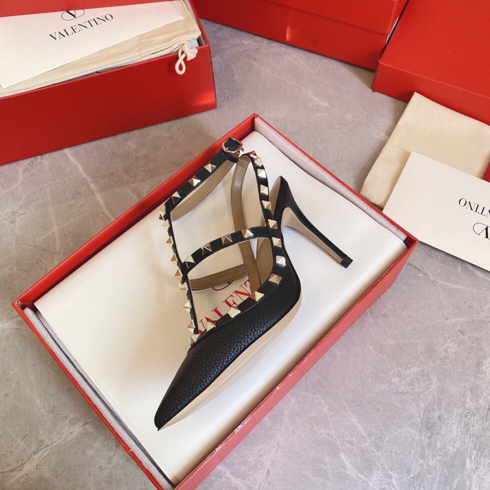 Replica Valentino Rockstud Ankle Strap Pumps 100mm In Black Calfskin 108