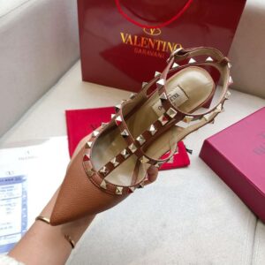 Replica Valentino Rockstud Ankle Strap Pumps 100mm In Brown Calfskin 2