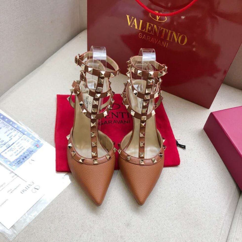 Replica Valentino Rockstud Ankle Strap Pumps 100mm In Brown Calfskin 106