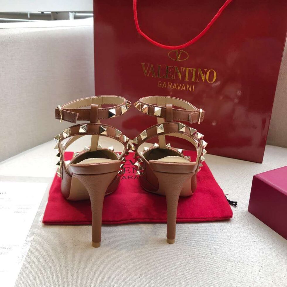 Replica Valentino Rockstud Ankle Strap Pumps 100mm In Brown Calfskin 107