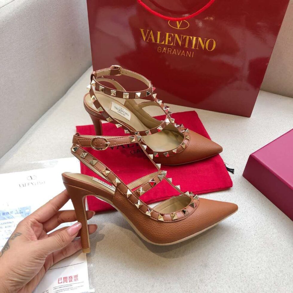 Replica Valentino Rockstud Ankle Strap Pumps 100mm In Brown Calfskin 108