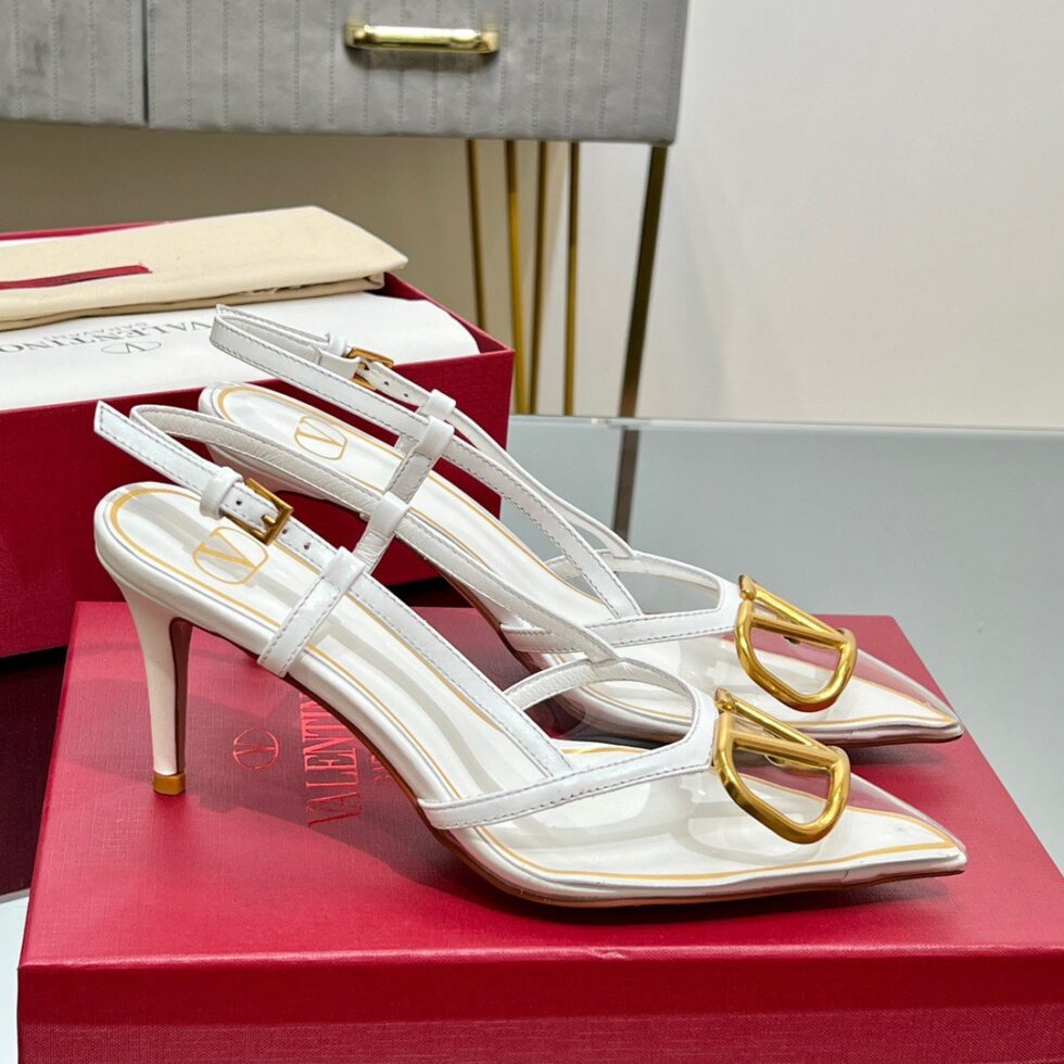 Replica Valentino Vlogo Slingback Pumps 80mm in PVC with White Leather 105