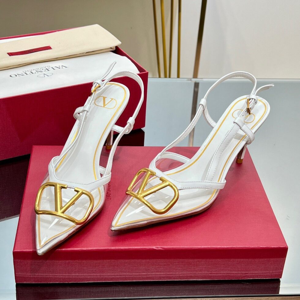 Replica Valentino Vlogo Slingback Pumps 80mm in PVC with White Leather 106