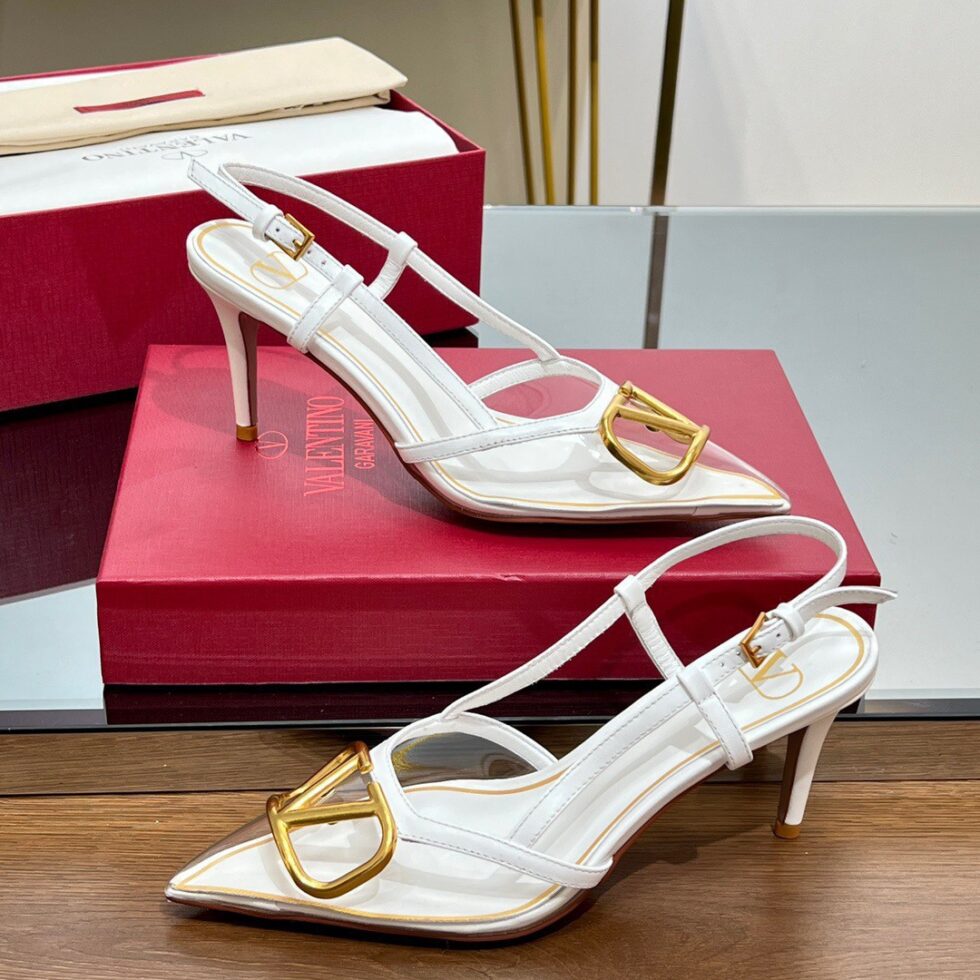 Replica Valentino Vlogo Slingback Pumps 80mm in PVC with White Leather 108