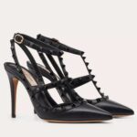 Replica Valentino Rockstud Ankle Strap Black Pumps 100mm with Black Studs