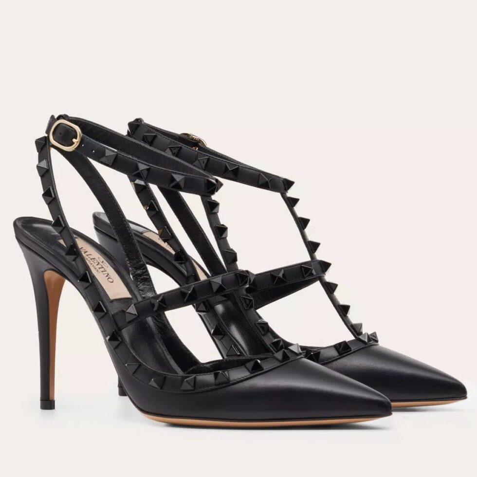 Replica Valentino Rockstud Ankle Strap Black Pumps 100mm with Black Studs 104