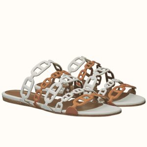 Replica Hermes Thalassa Slide Sandals In Brown/White Lambskin