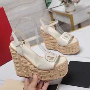 Replica Valentino VLogo Cut-out Espadrille Wedge Sandals in White Leather 2