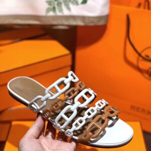 Replica Hermes Thalassa Slide Sandals In Brown/White Lambskin 2