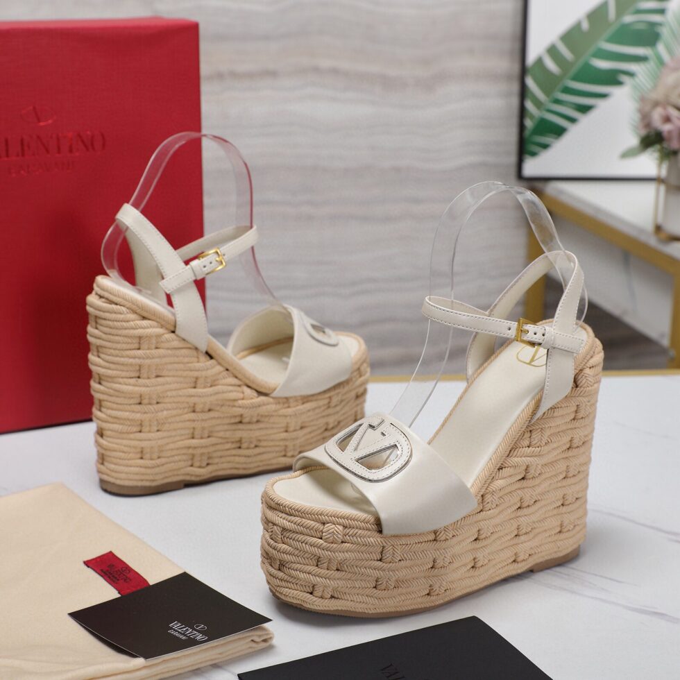 Replica Valentino VLogo Cut-out Espadrille Wedge Sandals in White Leather 106