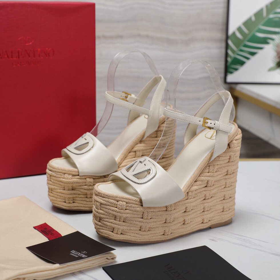 Replica Valentino VLogo Cut-out Espadrille Wedge Sandals in White Leather 110