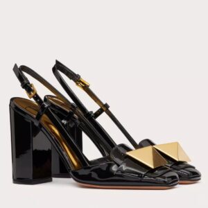 Replica Valentino One Stud Slingback Pumps 100mm In Black Patent Calfskin