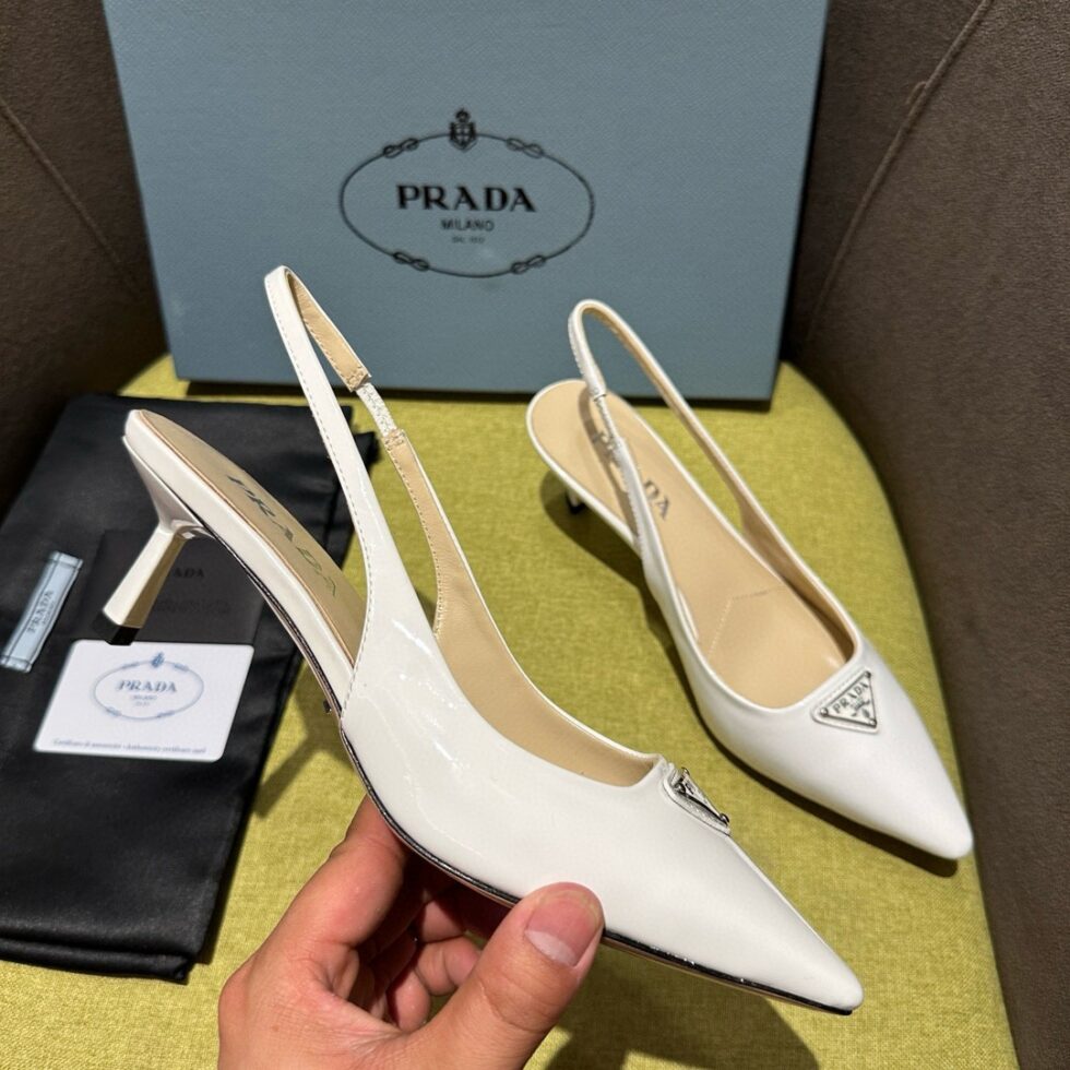 Replica Prada Slingback Pumps 55mm in White Patent Leather 107