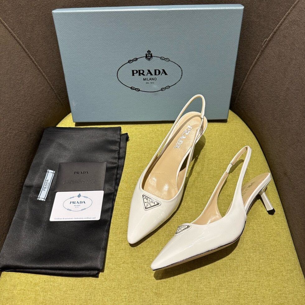 Replica Prada Slingback Pumps 55mm in White Patent Leather 109