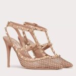 Replica Valentino Rockstud Pumps 100mm in Nude Mesh with Crystal