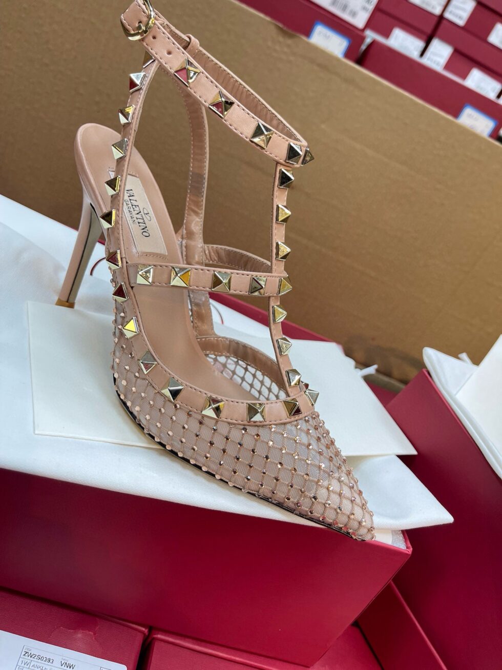 Replica Valentino Rockstud Pumps 100mm in Nude Mesh with Crystal 106