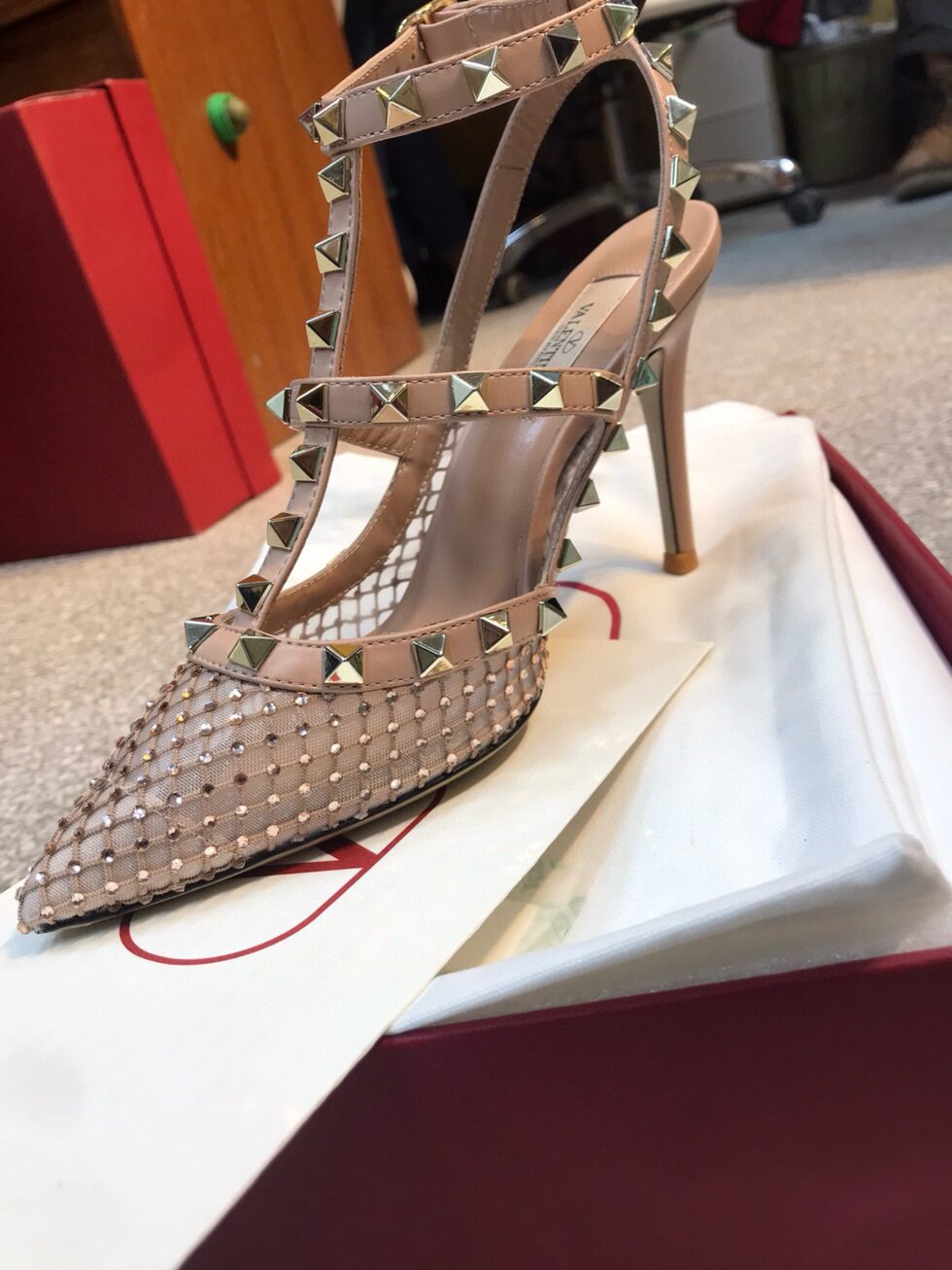 Replica Valentino Rockstud Pumps 100mm in Nude Mesh with Crystal 107