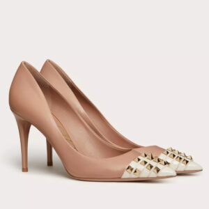 Replica Valentino Beige Rockstud Pump 90mm with White Patent Toe Cap