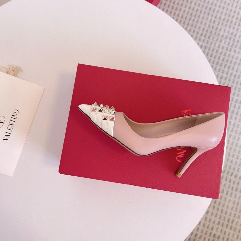 Replica Valentino Beige Rockstud Pump 90mm with White Patent Toe Cap 106