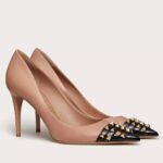 Replica Valentino Beige Rockstud Pump 90mm with Black Patent Toe Cap