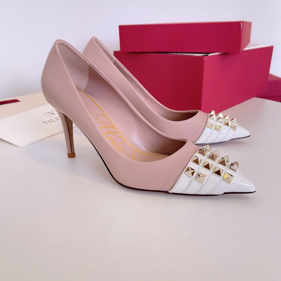 Replica Valentino Beige Rockstud Pump 90mm with White Patent Toe Cap 107