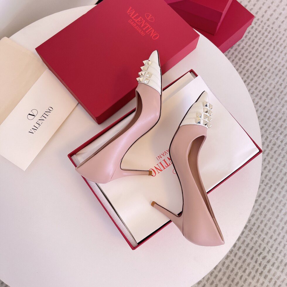 Replica Valentino Beige Rockstud Pump 90mm with White Patent Toe Cap 109