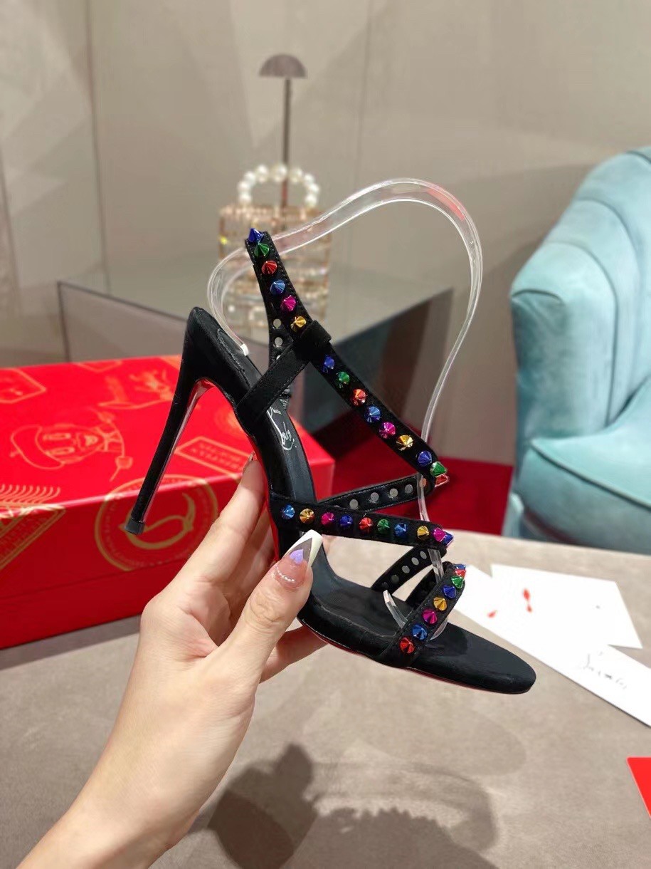 Replica Christian Louboutin Spikita Strap 100mm Sandals In Black Suede 107